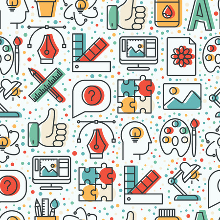 Creative seamless pattern with thin line icons of idea, puzzle, color palette, brushes, creative vision, development design. Vector illustration for background of banner, web page, print media.のイラスト素材