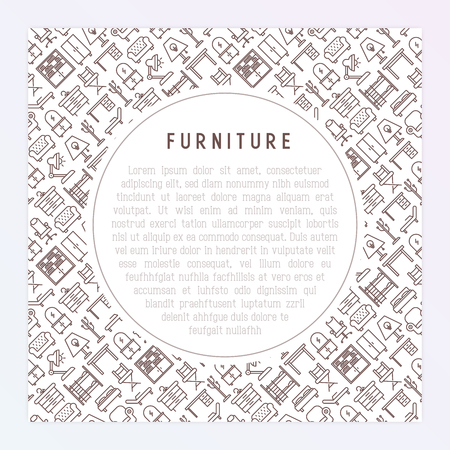 Furniture concept with thin line icons of coach, bookcase, bed,  dresser, chair, lamp, floor hanger. Modern vector illustration for banner, web page, print media.のイラスト素材