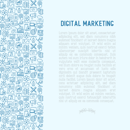 Digital marketing concept with thin line icons: searching idea, development, optimization, management, communication. Vector illustration for banner, web page, print media.のイラスト素材