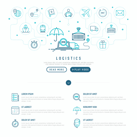 Logistics web page template with thin line icons of delivery, box, airplane, train, marine, crane, globe with pointer. Vector illustration.のイラスト素材