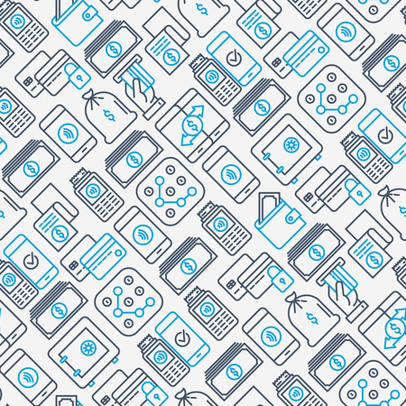 Payment seamless pattern with thin line icons related to credit card, money flow, saving, atm, mobile payment. Vector illustration of banner, web page, print media.のイラスト素材