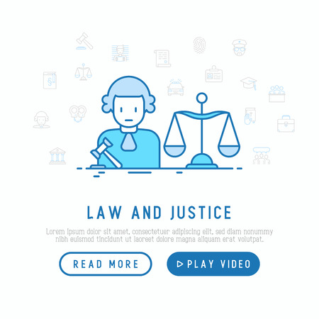 Judge with a hammer and scales. Law and justice concept with thin line icons. Vector illustration for template of web page.のイラスト素材