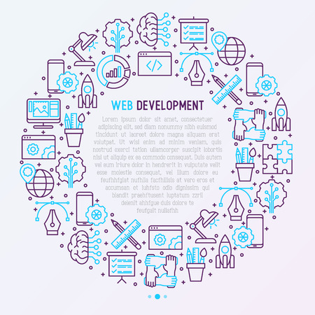 Web development concept in circle with thin line icons of programming, graphic design, mobile app, strategy, optimization, analytics. Vector illustration for web page.のイラスト素材