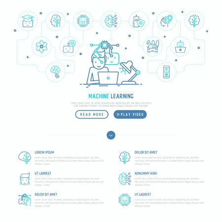 Machine learning and artificial intelligence infographics. Web developer is working on laptop. Vector illustration for template of web page.のイラスト素材