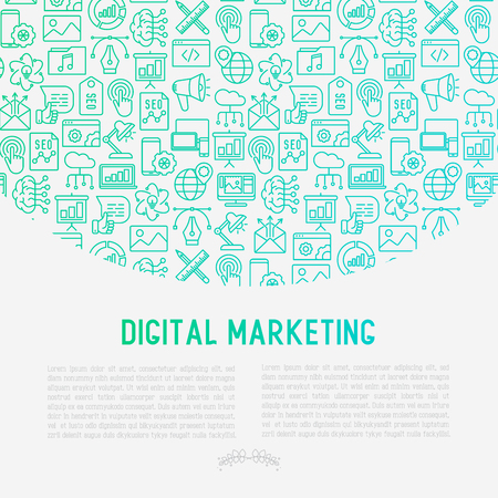 Digital marketing concept with thin line icons: searching idea, development, optimization, management, communication. Vector illustration for banner, web page, print media.のイラスト素材