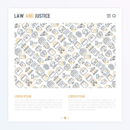Law and justice concept with thin line icons: judge, policeman, lawyer, fingerprint, jury, agreement, witness, scales. Vector illustration for banner, web page, print media with place for text.のイラスト素材