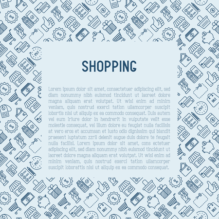 Shopping concept with thin line icons: cashbox, payment, pos terminal, piggy bank, sale, currency, credit card, trolley. Template for web page of online shop. Vector illustration with place for text.のイラスト素材