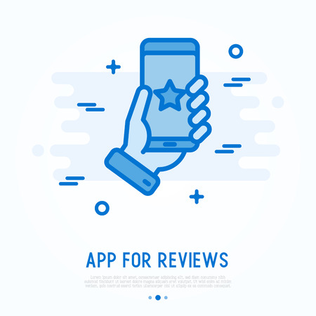 App for reviews on smartphone in human hand. Thin line vector illustration of rating and feedback from customer.のイラスト素材