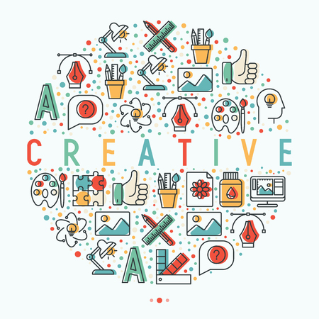 Creative concept in circle with thin line icons of idea, puzzle, color palette, brushes, creative vision, development design. Vector illustration of banner, web page, print media.のイラスト素材