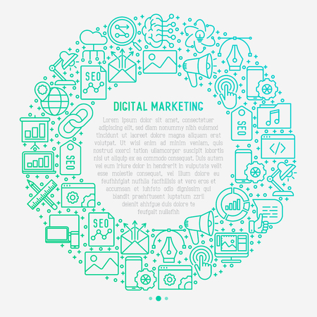 Digital marketing concept in circle with thin line icons: searching idea, development, optimization, management, communication. Vector illustration for banner, web page, print media.のイラスト素材