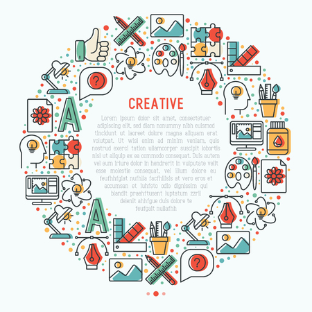 Creative concept in circle with thin line icons of idea, puzzle, color palette, brushes, creative vision, development design. Vector illustration of banner, web page, print media.のイラスト素材