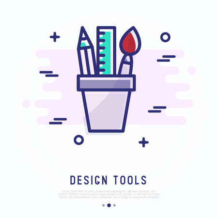 Design tools thin line icon: brush, pencil, ruler. Modern vector illustration of creative equipment.のイラスト素材