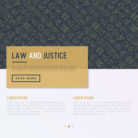 Law and justice concept with thin line icons: judge, policeman, lawyer, fingerprint, jury, agreement, witness, scales. Vector illustration for banner, web page, print media with place for text.のイラスト素材
