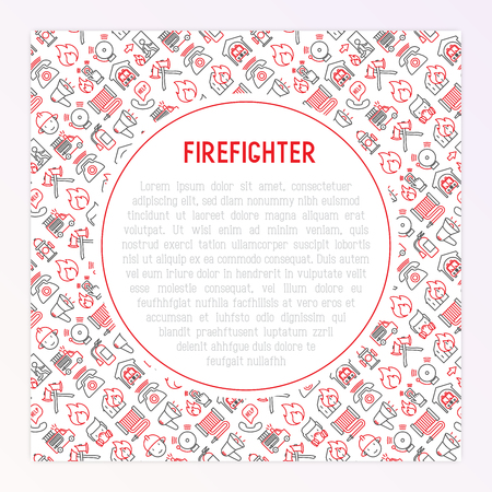 Firefighter concept with thin line icons: fire, extinguisher, axes, hose, hydrant. Modern vector illustration for banner, web page, print media with place for text inside.のイラスト素材