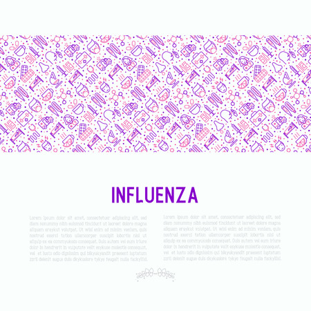 Influenza concept with thin line icons of symptoms and treatments: runny nose, headache, pain in throat, temperature, pills, medicine. Vector illustration for banner, web page, print media.のイラスト素材
