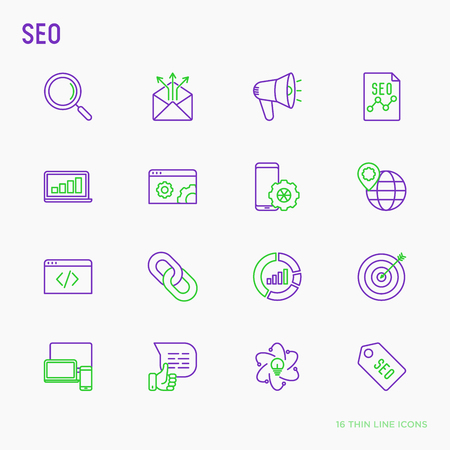 SEO and development thin line icons set: search, share, e-mail, coding, programming, link, analytics. Vector illustration.のイラスト素材