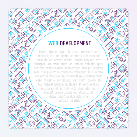Web development concept with thin line icons of programming, graphic design, mobile app, strategy, artificial intelligence, optimization, analytics. Vector illustration for banner, web page.のイラスト素材