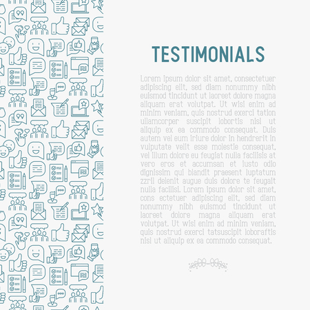 Testimonials and quote concept with thin line icons of review, feedback, survey, comment. Vector illustration for banner, web page, print media.のイラスト素材