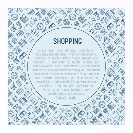 Shopping concept with thin line icons: cashbox, payment, pos terminal, piggy bank, sale, currency, credit card, trolley. Template for web page of online shop. Vector illustration with place for text.のイラスト素材