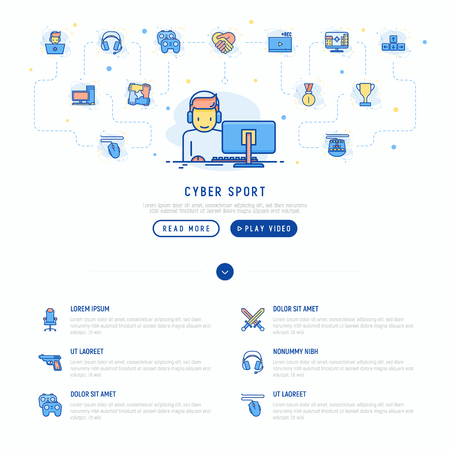 Cybersport concept with thin line icons: gamer is playing on pc with headset and mouse. Modern vector illustration for banner, web page, print media.のイラスト素材