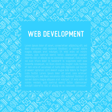 Web development concept with thin line icons of programming, graphic design, mobile app, strategy, artificial intelligence, optimization, analytics.のイラスト素材