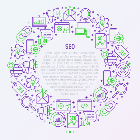 SEO and development concept in circle with thin line icons. Vector illustration for banner, web page, print media with place for text.のイラスト素材