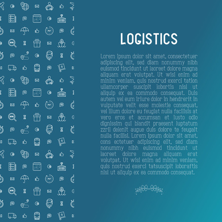 Logistics concept with thin line icons of delivery, box, airplane, train, marine, crane, globe with pointer. Vector illustration for banner, web page, print media.のイラスト素材