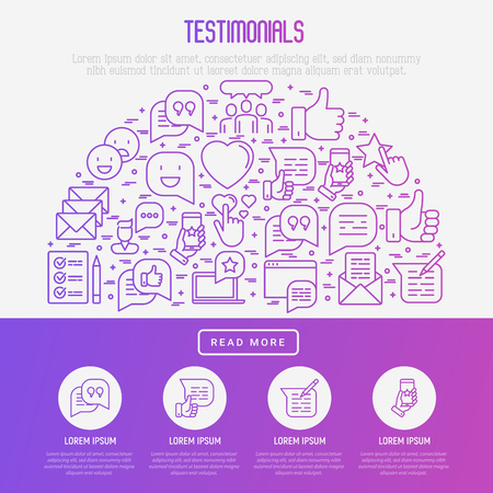 Testimonials and quote concept in half circle with thin line icons of review, feedback, survey, comment. Vector illustration for banner, web page, print media.のイラスト素材