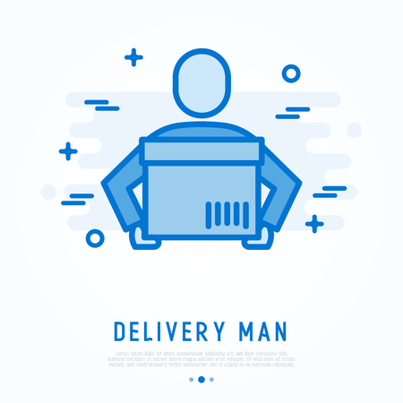 Delivery man  with package in hands thin line icon. Vector illustration of transportation.のイラスト素材