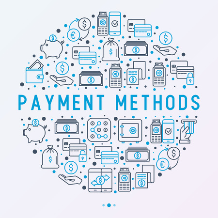 Payment concept in circle with thin line icons related to credit card, money flow, saving, atm, mobile payment. Vector illustration of banner, web page, print media.のイラスト素材