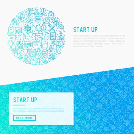 Start up concept in circle with thin line icons of development, growth, success, idea, investment. Vector illustration for banner, web page, print media with place for text.のイラスト素材