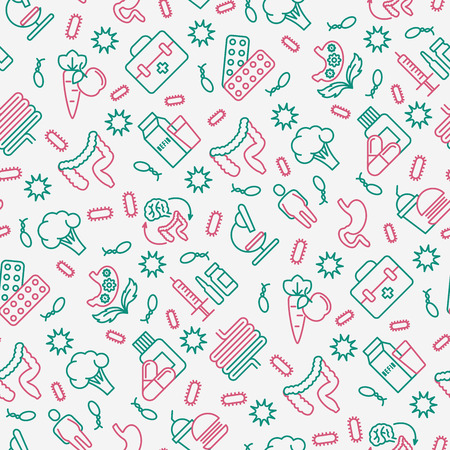 Gut flora seamless pattern with thin line icons: gut, bacteria, obesity, stomach, infection, depression, medicine. Vector illustration for medical survey or report.のイラスト素材