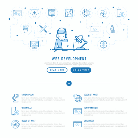 Web developer is working overtime with laptop and headphones with thin line icons of programming, graphic design, mobile app, strategy, artificial intelligence, optimization, analytics. Vector illustration for template of web page.のイラスト素材