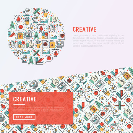 Creative concept in circle with thin line icons of idea, puzzle, color palette, brushes, creative vision, development design. Vector illustration of banner, web page, print media.のイラスト素材