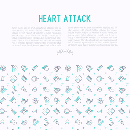 Heart attack concept with thin line icons of symptoms and treatments. Modern vector illustration for medical report or survey, banner, web page, print media.のイラスト素材