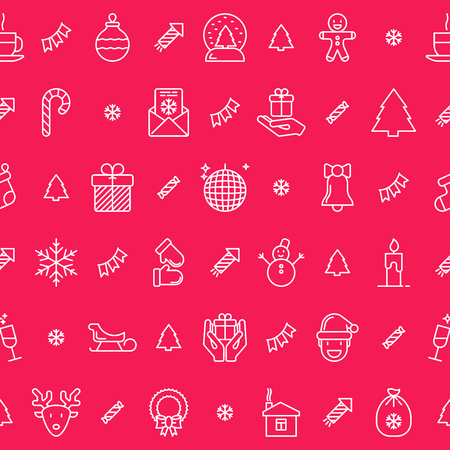 Christmas celebration seamless pattern with thin line New Year and Christmas symbols. Vector illustration for web page template, banner, invitation, print media. のイラスト素材