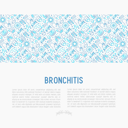 Bronchitis concept with thin line icons of symptoms and treatments: headache, alveolus, inhaler, nebulizer, stethoscope, thermometer, x-ray, bed rest. Vector illustration.のイラスト素材