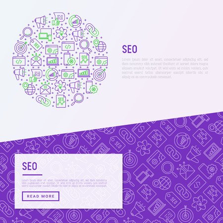 SEO and development concept in circle with thin line icons. Vector illustration for banner, web page, print media with place for text.のイラスト素材