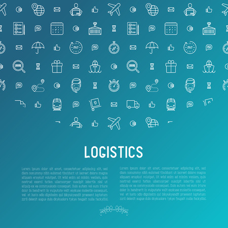 Logistics concept with thin line icons of delivery, box, airplane, train, marine, crane, globe with pointer. Vector illustration for banner, web page, print media.のイラスト素材