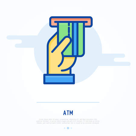 Inserting of credit card in slot of ATM thin line icon. Modern vector illustration.のイラスト素材