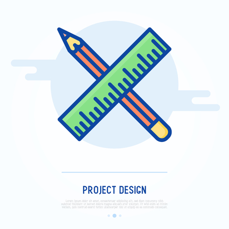 Project design concept: crossed pencil and ruler thin line icon. Modern vector illustration.のイラスト素材