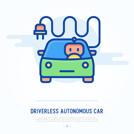 Driverless autonomous car thin line icon. Intelligent vehicle. Vector illustration of self-driving car.のイラスト素材