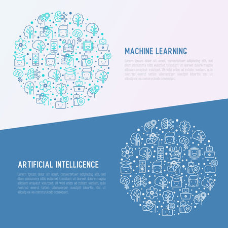 Machine learning and artificial intelligence concept in circle with thin line icons. Vector illustration for banner, web page, print media.のイラスト素材