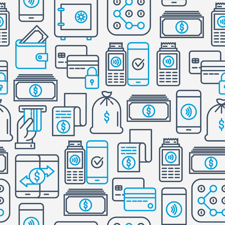 Payment seamless pattern with thin line icons related to credit card, money flow, saving, atm, mobile payment. Vector illustration of banner, web page, print media.のイラスト素材