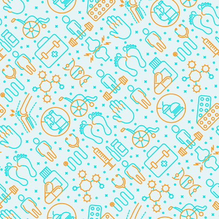 Arthritis seamless pattern with thin line icons of symptoms and treatments: pain in joints, obesity, fast food, alcohol, medicine, wheelchair. Vector illustration for banner, web page, print media.のイラスト素材