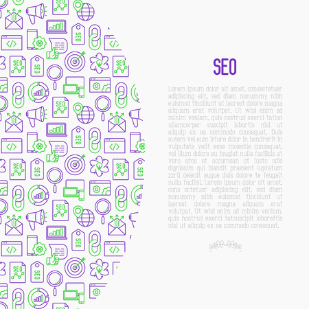 SEO and development concept in half circle with thin line icons. Vector illustration for banner, web page, print media with place for text.のイラスト素材