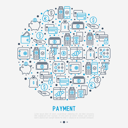 Payment concept in circle with thin line icons related to credit card, money flow, saving, atm, mobile payment. Vector illustration of banner, web page, print media.のイラスト素材