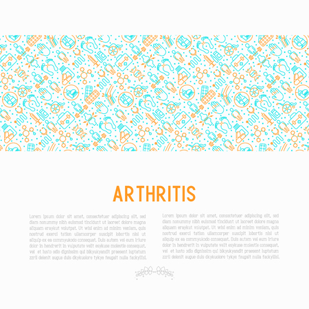 Arthritis concept with thin line icons of symptoms and treatments: pain in joints, obesity, fast food, alcohol, medicine, wheelchair. Vector illustration for banner, web page, print media.のイラスト素材