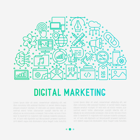 Digital marketing concept in half circle with thin line icons: searching idea, development, optimization, management, communication. Vector illustration for banner, web page, print media.のイラスト素材