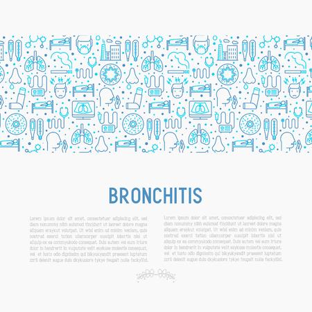 Bronchitis concept with thin line icons of symptoms and treatments: headache, alveolus, inhaler, nebulizer, stethoscope, thermometer, x-ray, bed rest. Vector illustration.のイラスト素材